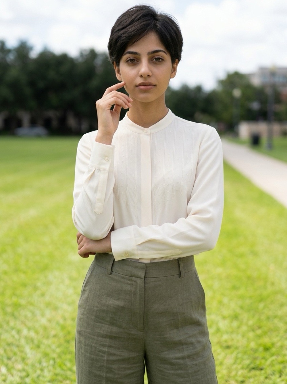 Equipment Femme Creme Embroidered Silk Shirt, Size S/P